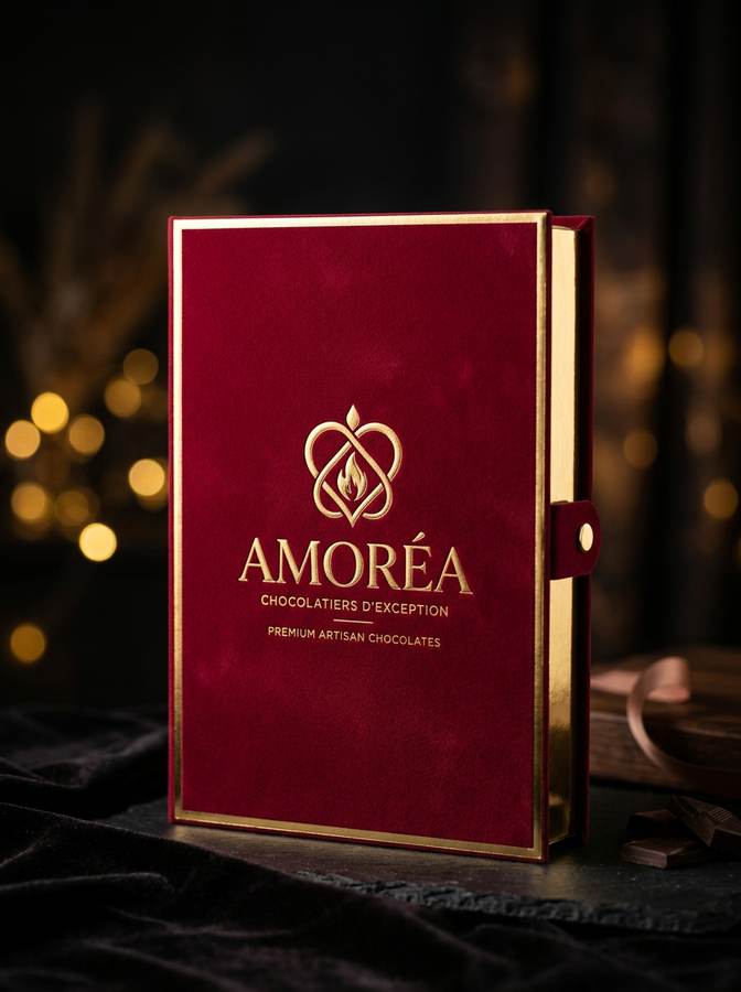 Il cofanetto AMORÉA chiuso, rubino con logo in lamina d'oro