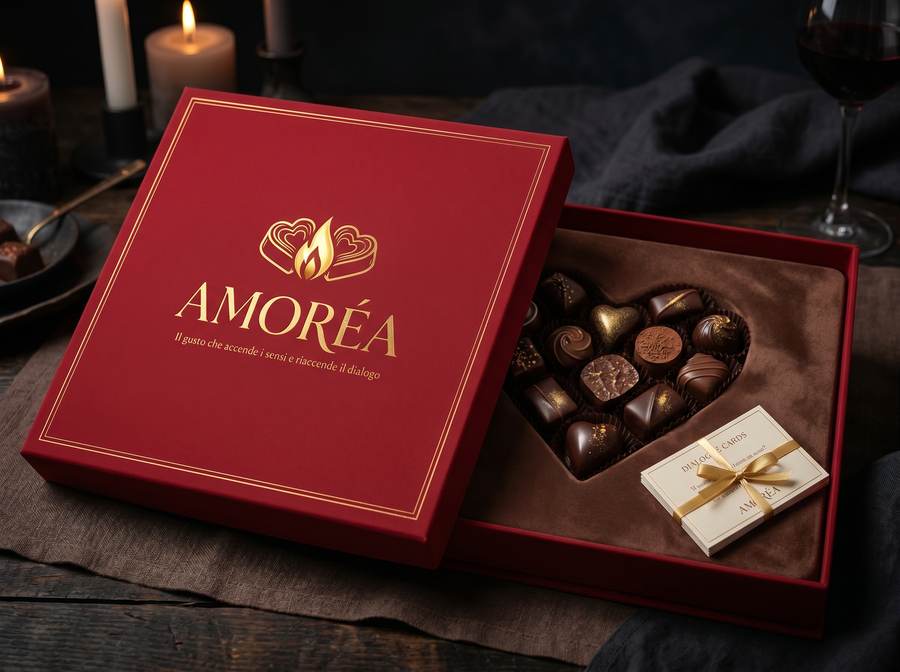 La Ritual Box AMORÉA aperta, con le praline a cuore e i mazzi di carte