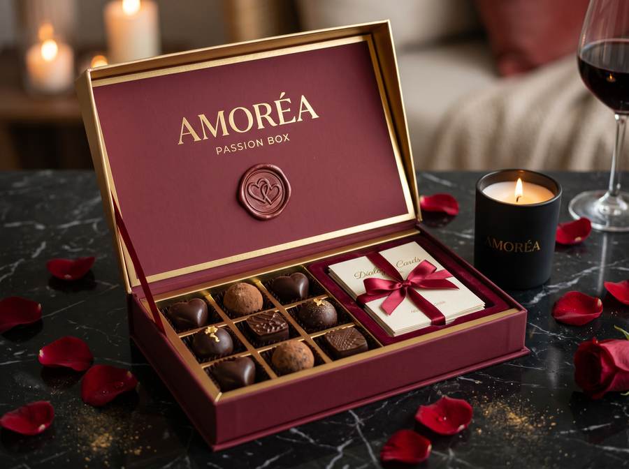 La Passion Box AMORÉA aperta, con praline e Dialogue Cards
