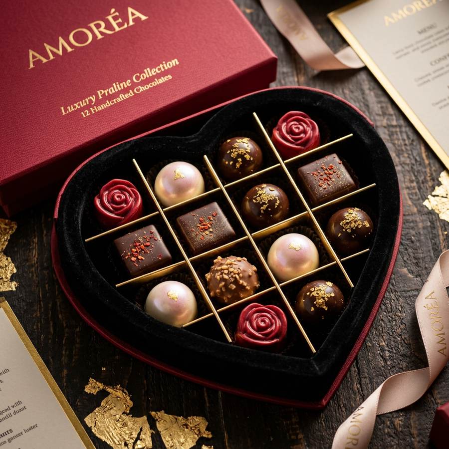 Le dodici praline AMORÉA nel vassoio a cuore